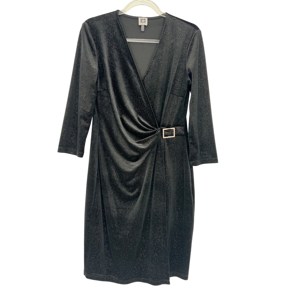 Anne‎ Klein Womens Black Shimmer Faux Wrap Dress Rhinestone Buckle Size 8